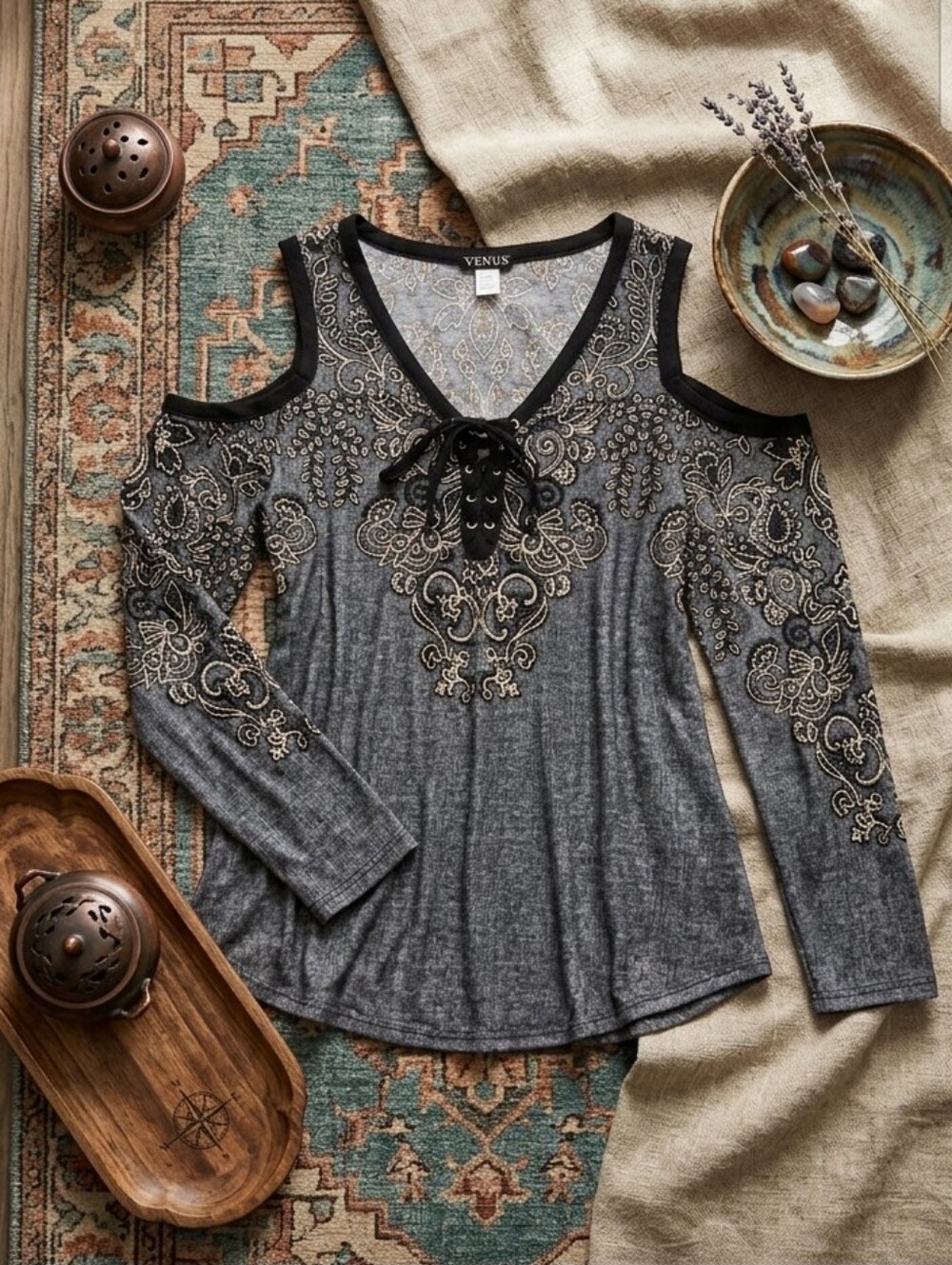 VENUS Black, White And Grey Cold-Shoulder Lace-Up Tunic